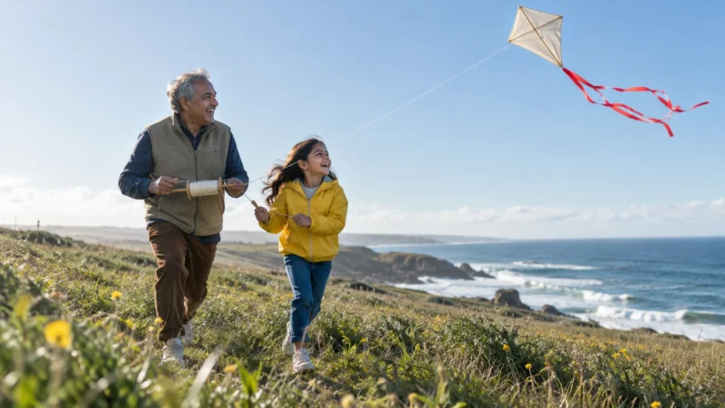 A smiling grandfather and young girl fly a kite while running along a grassy coastal hill overlooking the ocean.