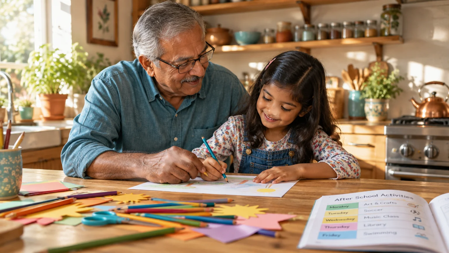 Smiling older man helping a young girl color on paper at a wooden kitchen island with art supplies.