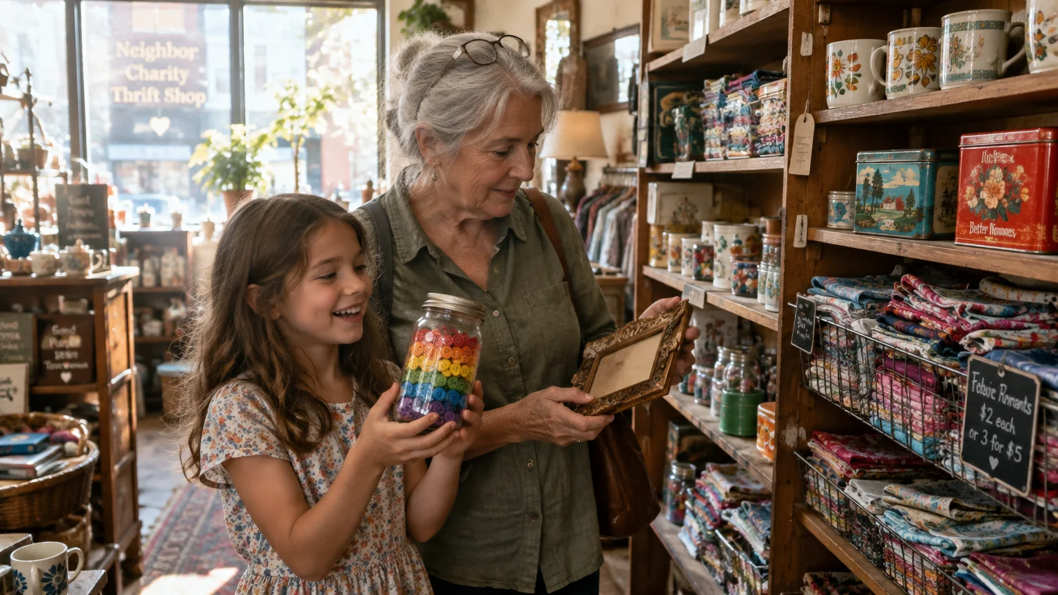 A grandmother holds an ornate picture frame while her smiling granddaughter shows off a glass jar full of colorful buttons.