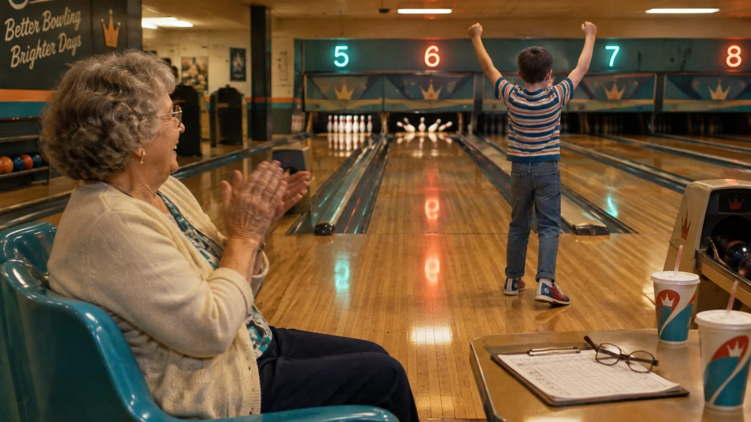 A grandmother sits clapping at a bowling alley while a young boy raises his arms in celebration at the lane.