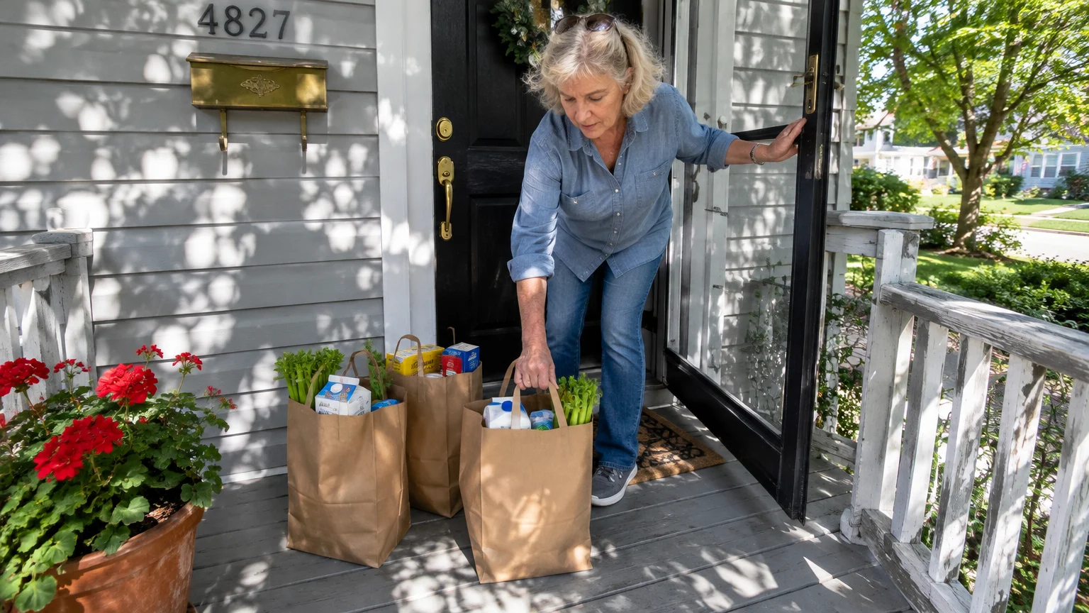 A senior woman picks up brown paper grocery bags delivered to the front porch of a house.