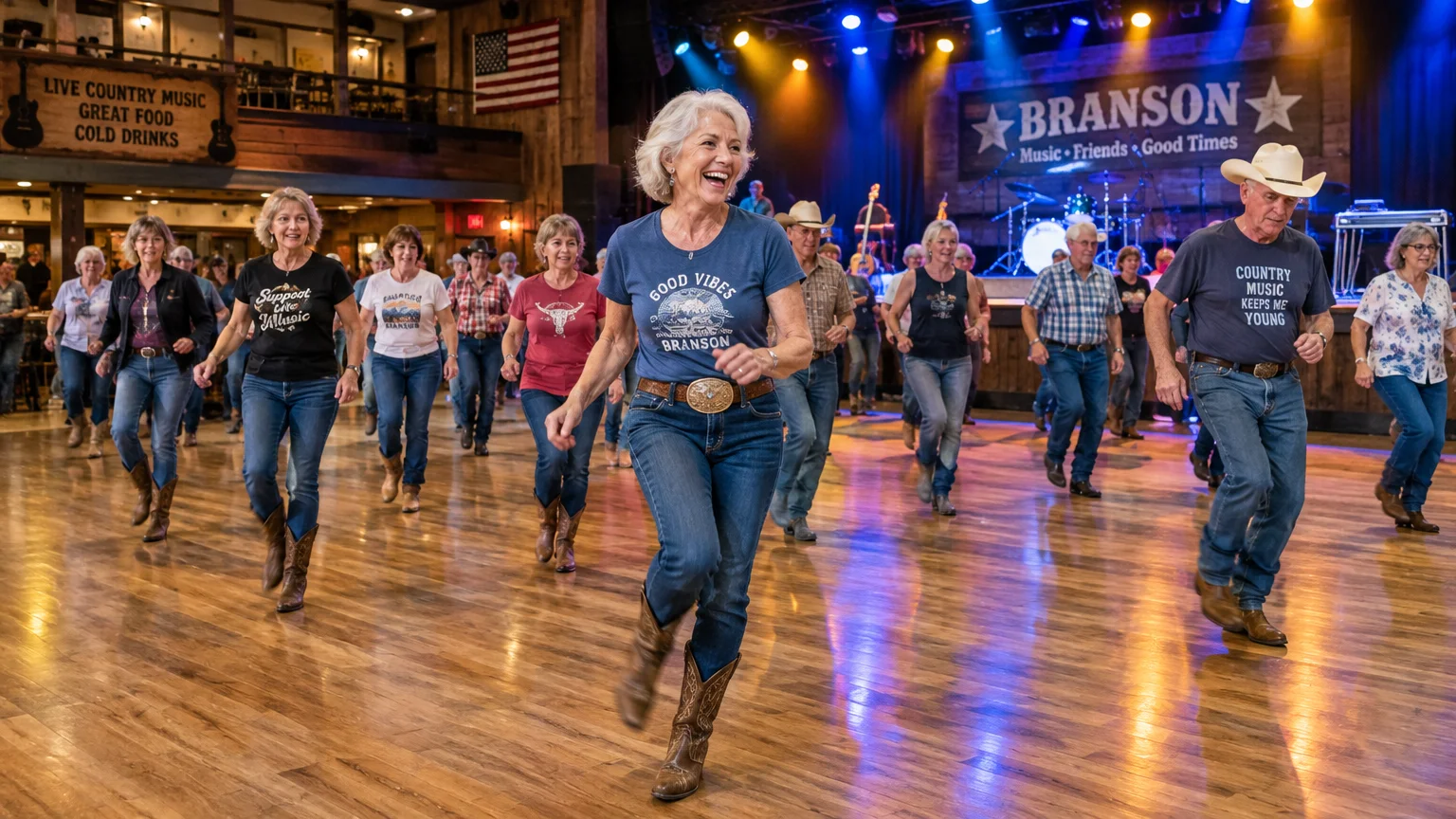 Seniors line dance across a polished wooden dance floor in front of a live music stage in a country venue.