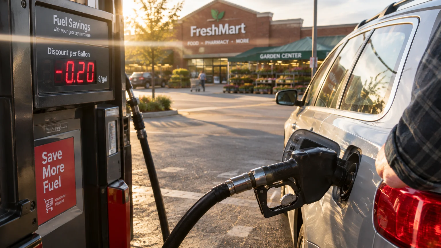 Gas pump nozzle fueling a silver SUV in a parking lot outside a FreshMart supermarket with a garden center.