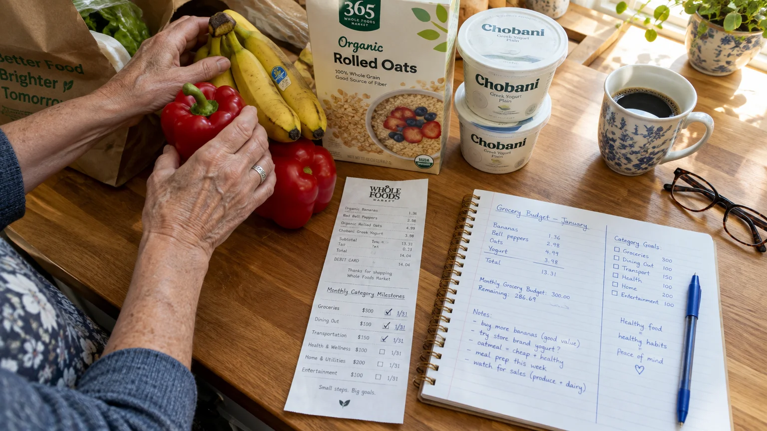 A person unpacks groceries next to a receipt, coffee cup, and handwritten grocery budget notebook on a wooden table.