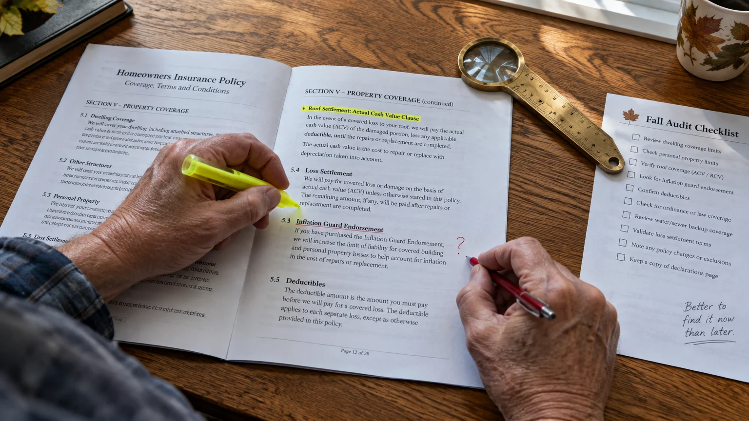 Hands highlighting a homeowners insurance policy beside a magnifying glass and fall audit checklist on a wooden desk.