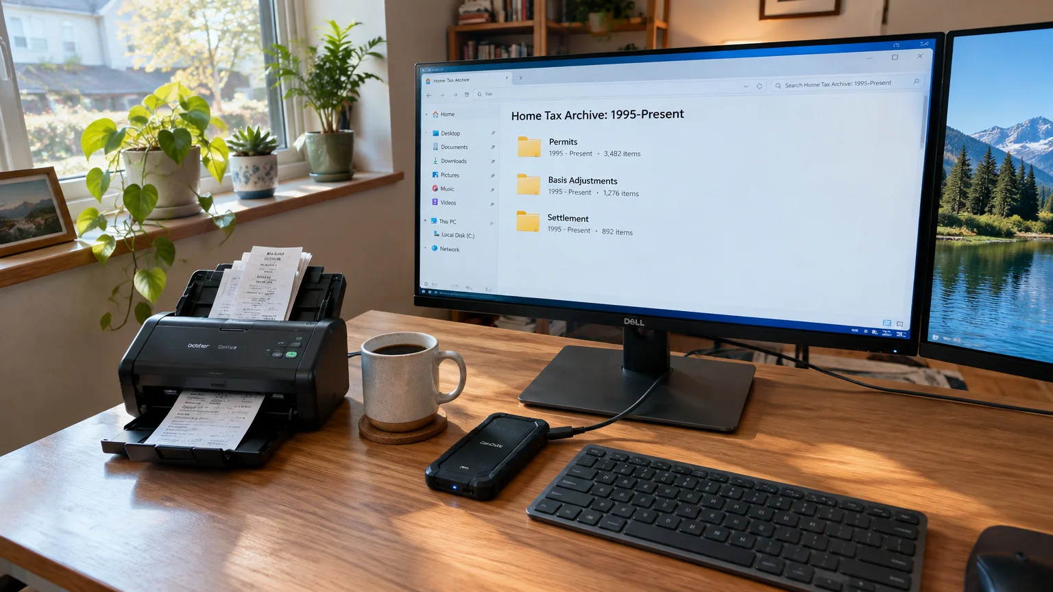 Desk with a receipt scanner, external hard drive, keyboard, coffee mug, and monitor displaying home tax archive folders.