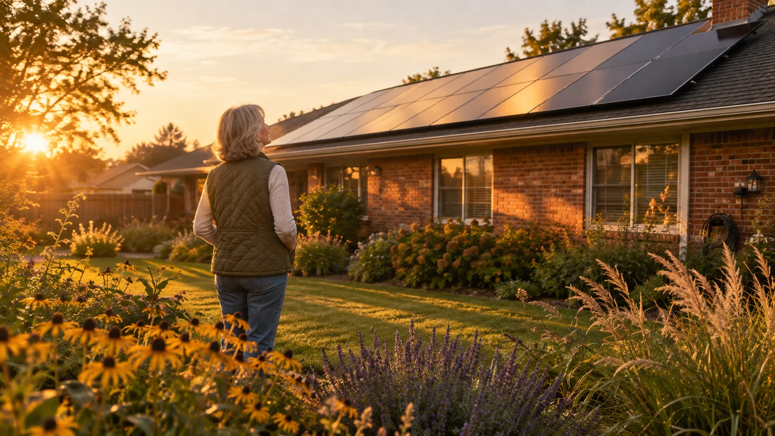Senior woman looking up at solar panels on the roof of a brick house in a sunlit garden at sunset.