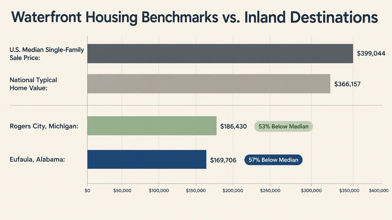 Bar chart comparing national housing benchmarks around $400,000 to lower home prices in Rogers City and Eufaula.