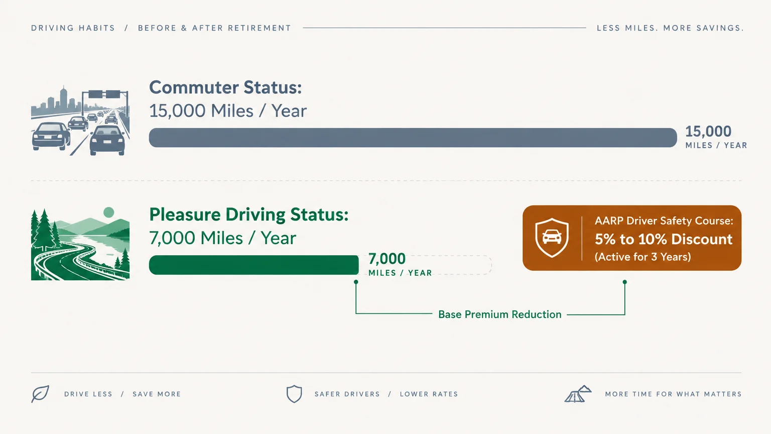 Diagram comparing 15,000 commuter miles to 7,000 pleasure driving miles, noting base premium reduction and AARP discounts.