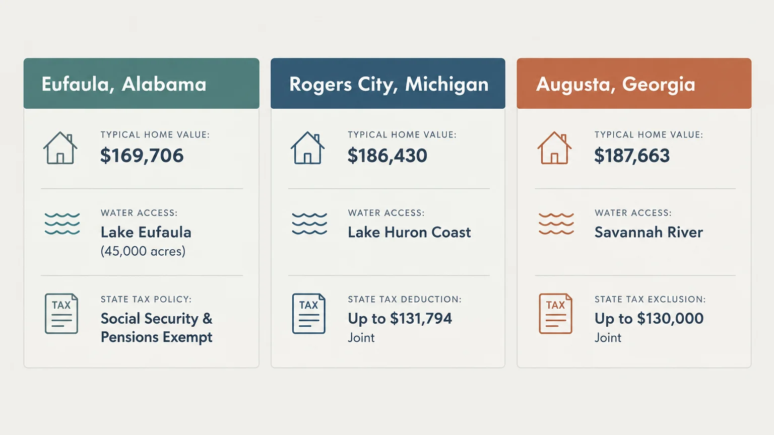Three-column graphic comparing home values, water access, and tax policies for Eufaula, Alabama; Rogers City, Michigan; and Augusta, Georgia