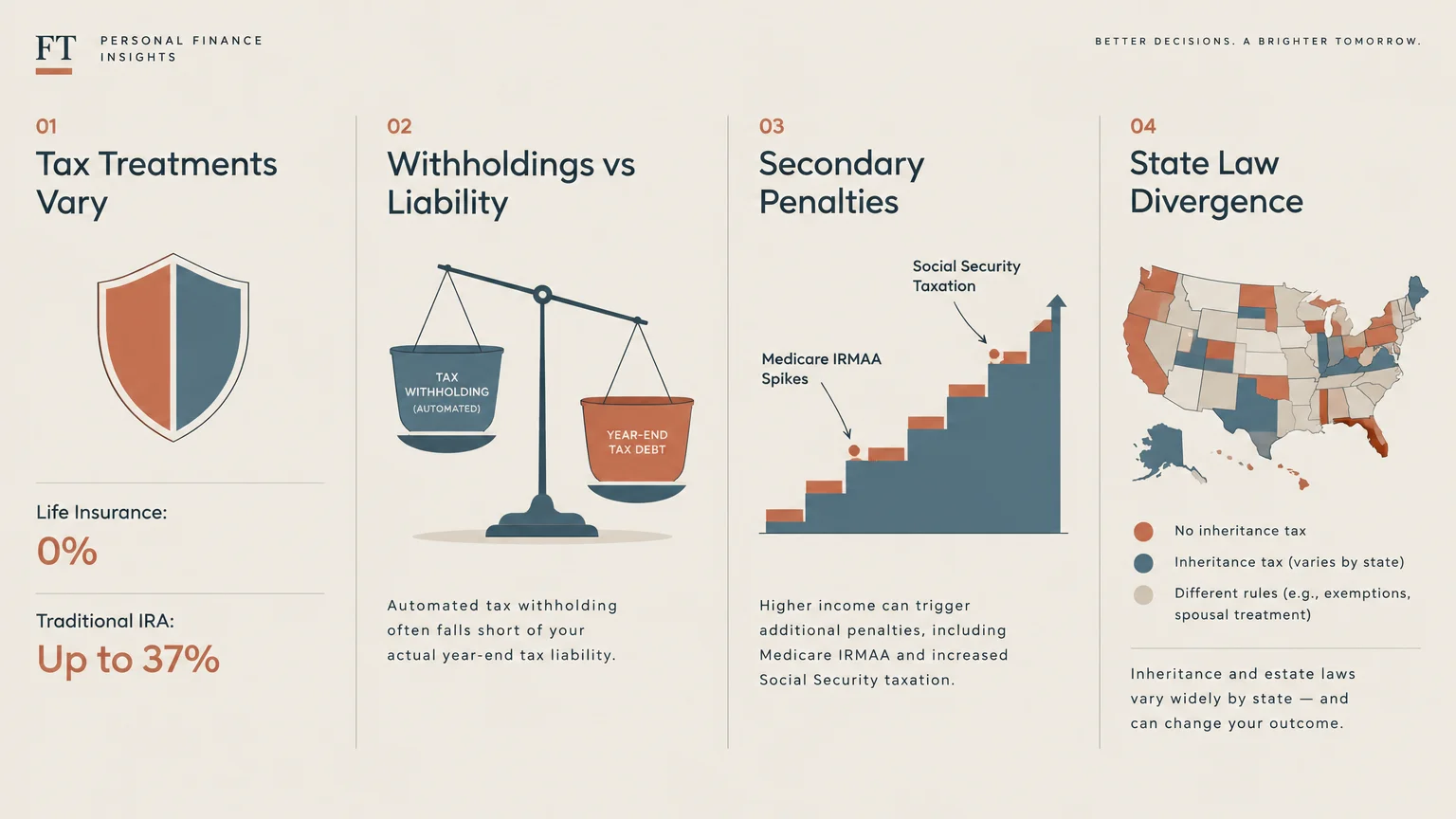Four-panel infographic outlining tax treatments, withholdings vs liability scales, penalty steps, and a US tax map.