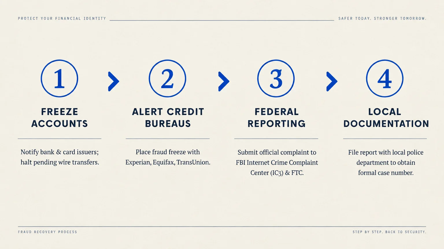 Four-step diagram showing fraud recovery steps: freeze accounts, alert credit bureaus, federal reporting, and local documentation.