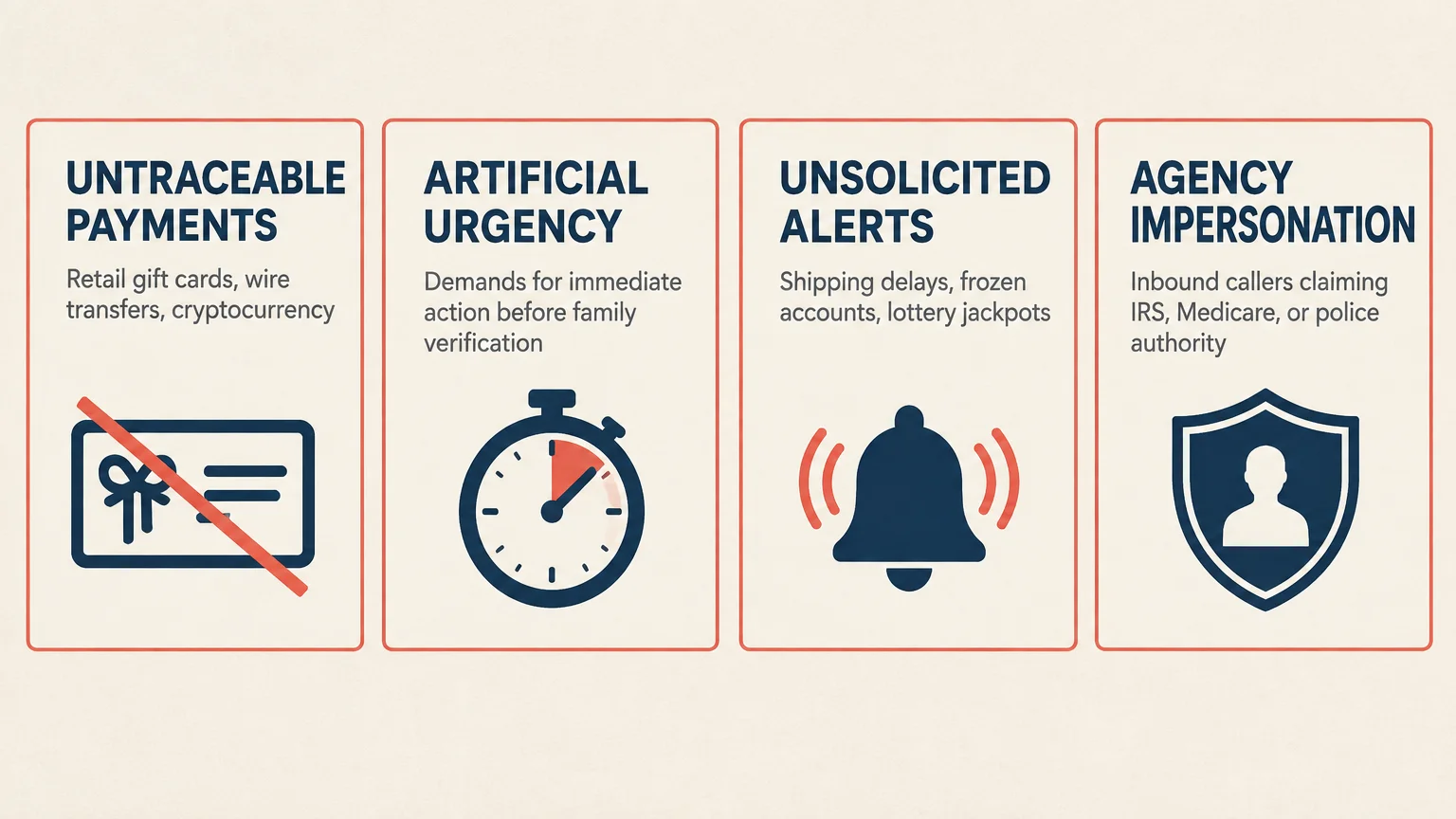 Four-panel infographic outlining scam warning signs: untraceable payments, artificial urgency, unsolicited alerts, and impersonation.
