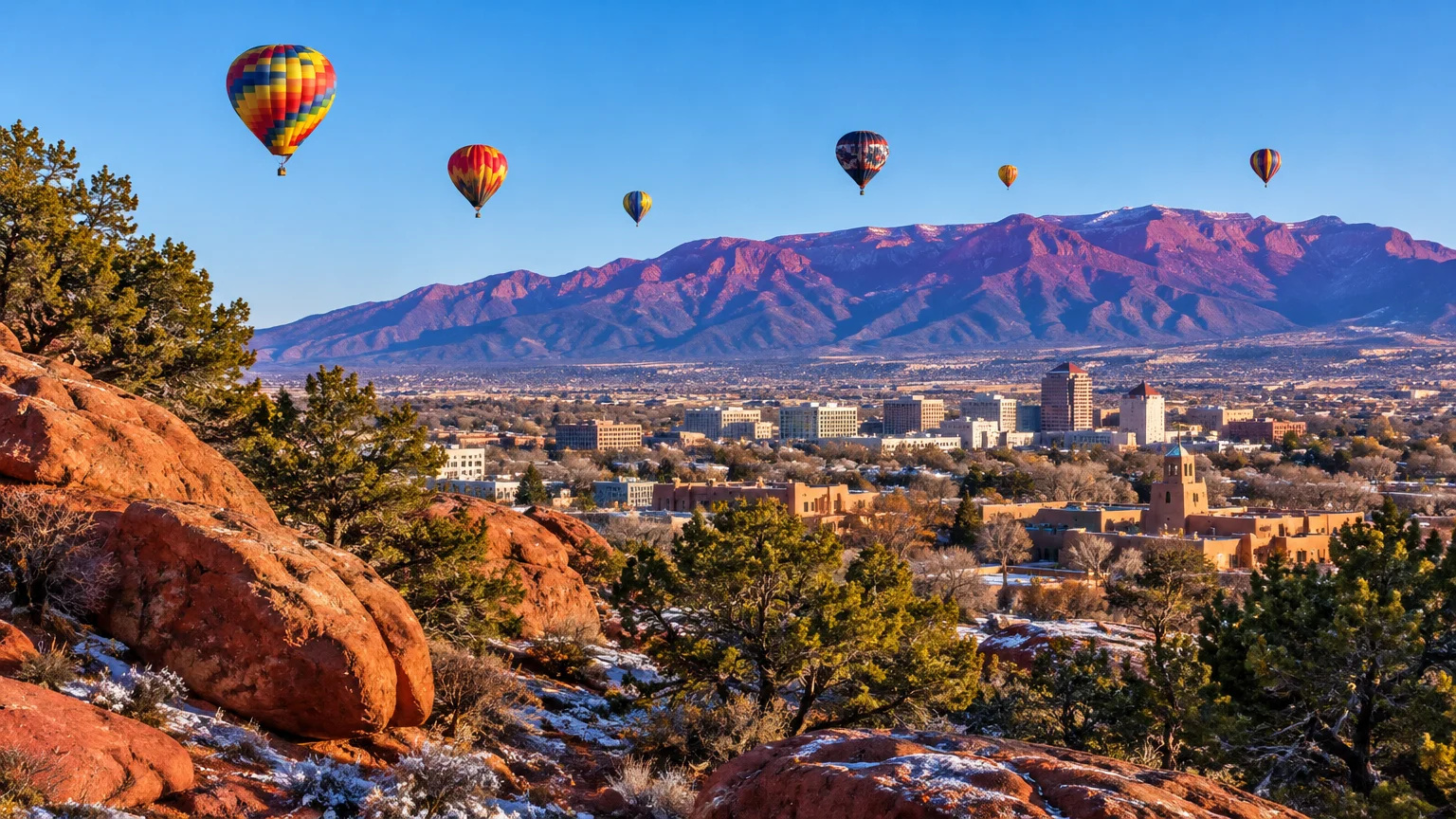Hot air balloons float over a desert city skyline framed by red rocks and purple mountains under a clear blue sky.