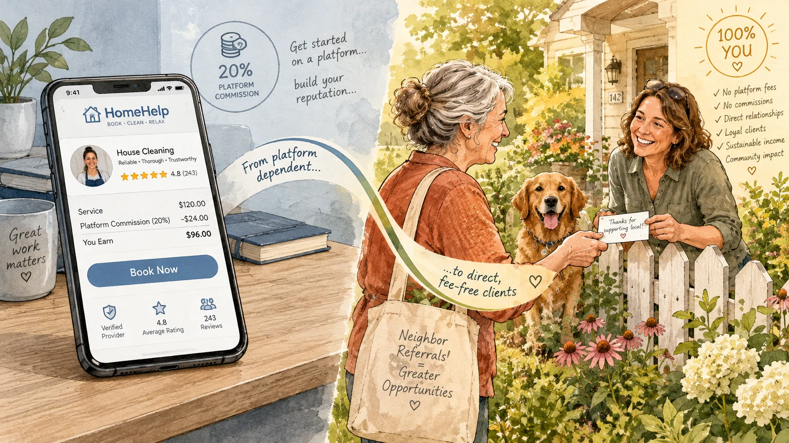 Illustration of a smartphone showing a booking app commission next to an older woman handing a card to a neighbor with a dog.