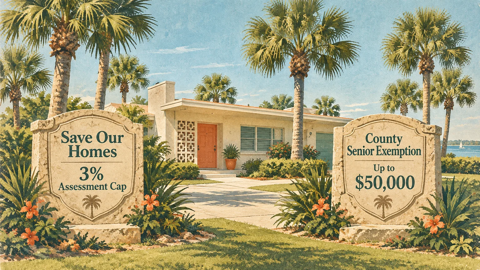 Illustration of a Florida home flanked by stone signs detailing the Save Our Homes cap and county senior exemption.