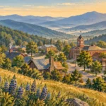 Illustration of a mountain valley town with houses, a clock tower, a wooden directional sign, and lupines at sunrise.
