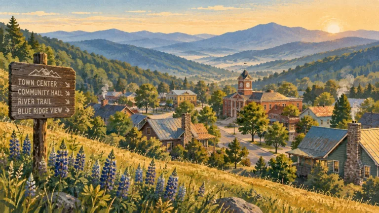 Illustration of a mountain valley town with houses, a clock tower, a wooden directional sign, and lupines at sunrise.