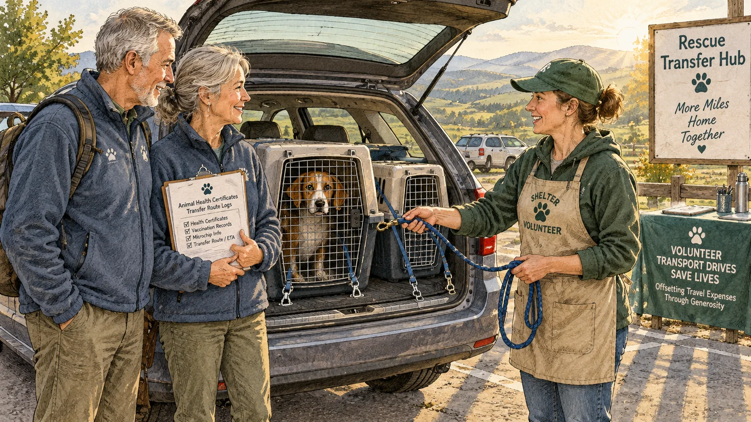 Illustration of a shelter volunteer transferring a crated dog into an SUV trunk for a senior couple with a clipboard.