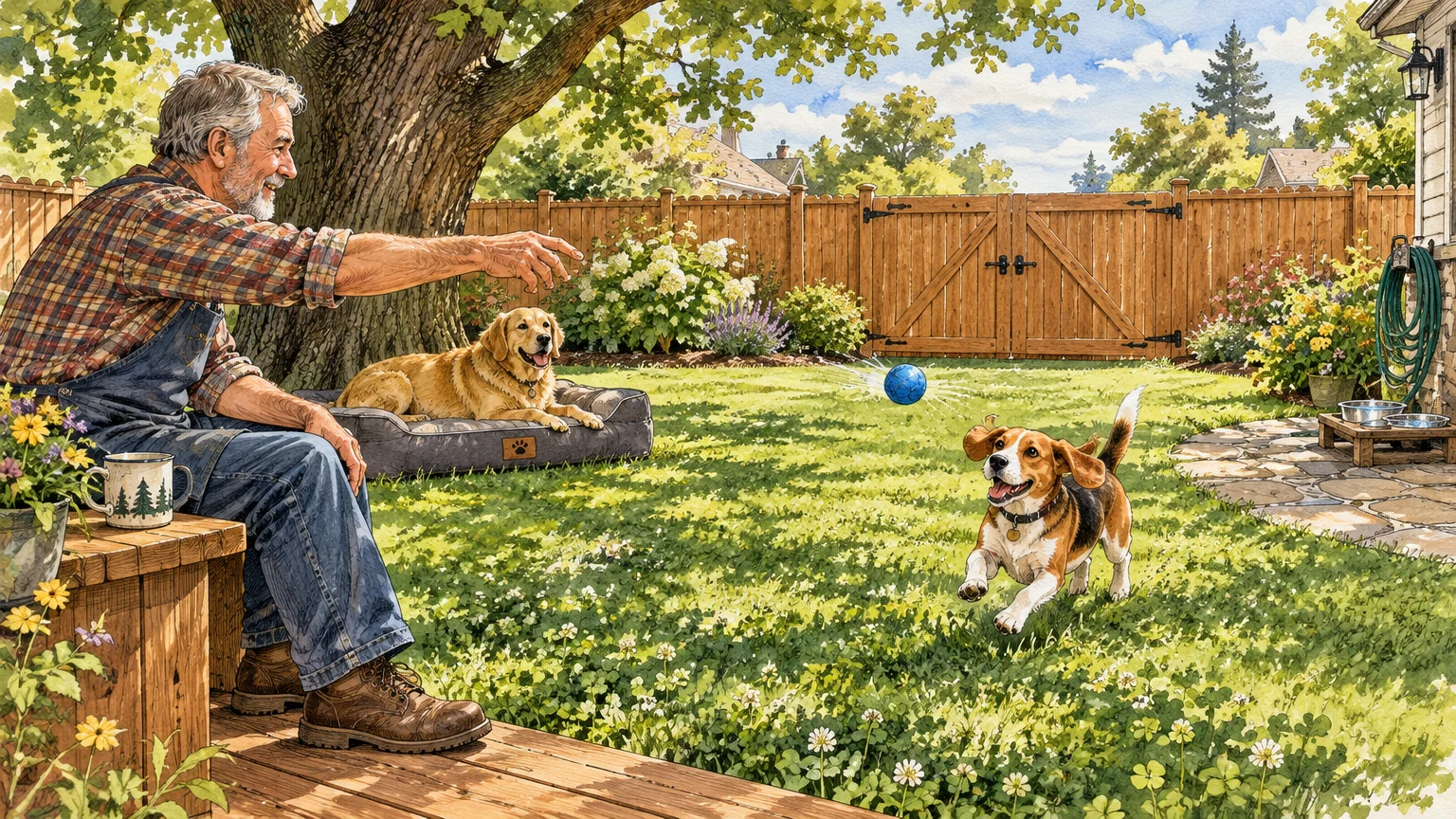 An older man sits on a patio tossing a blue ball to a running beagle while a golden retriever rests on a dog bed.