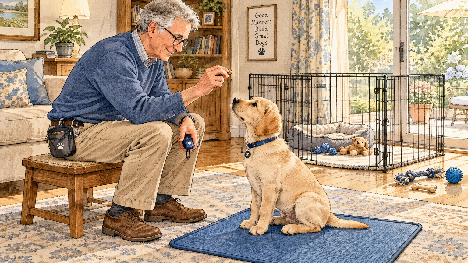 Illustration of an older man sitting on a wooden bench holding a treat and clicker while training a yellow puppy indoors.