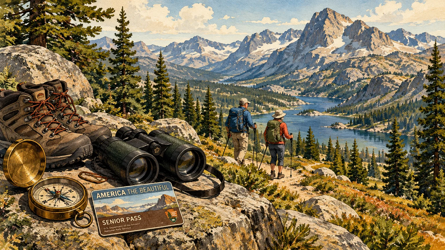 Illustration of hiking boots, binoculars, and a Senior Pass on a rock overlooking two hikers near an alpine lake.