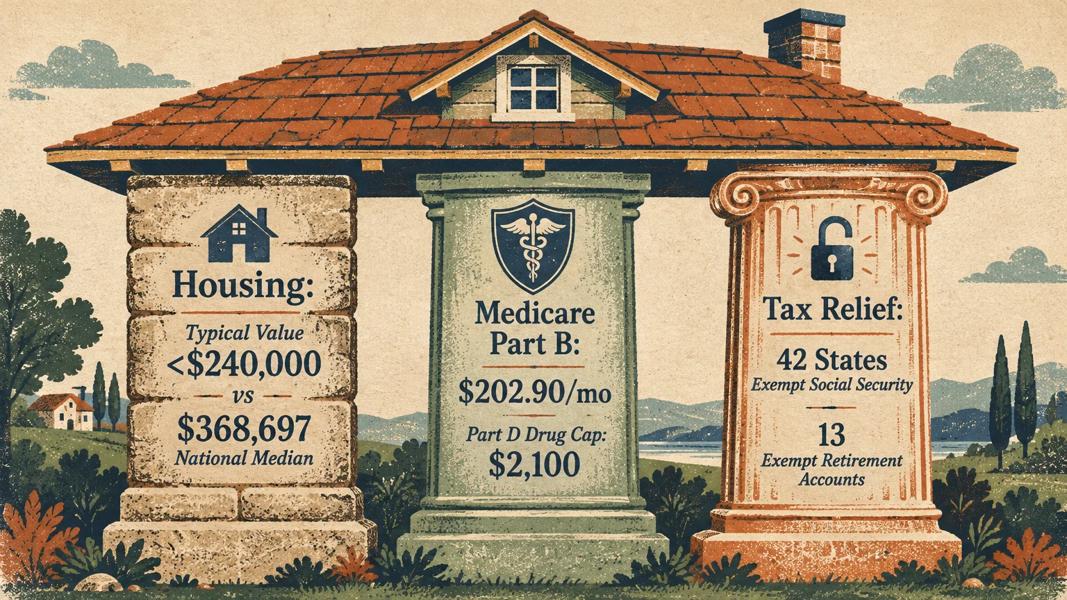 Three architectural pillars supporting a house roof, displaying stats on housing costs, Medicare, and tax relief.