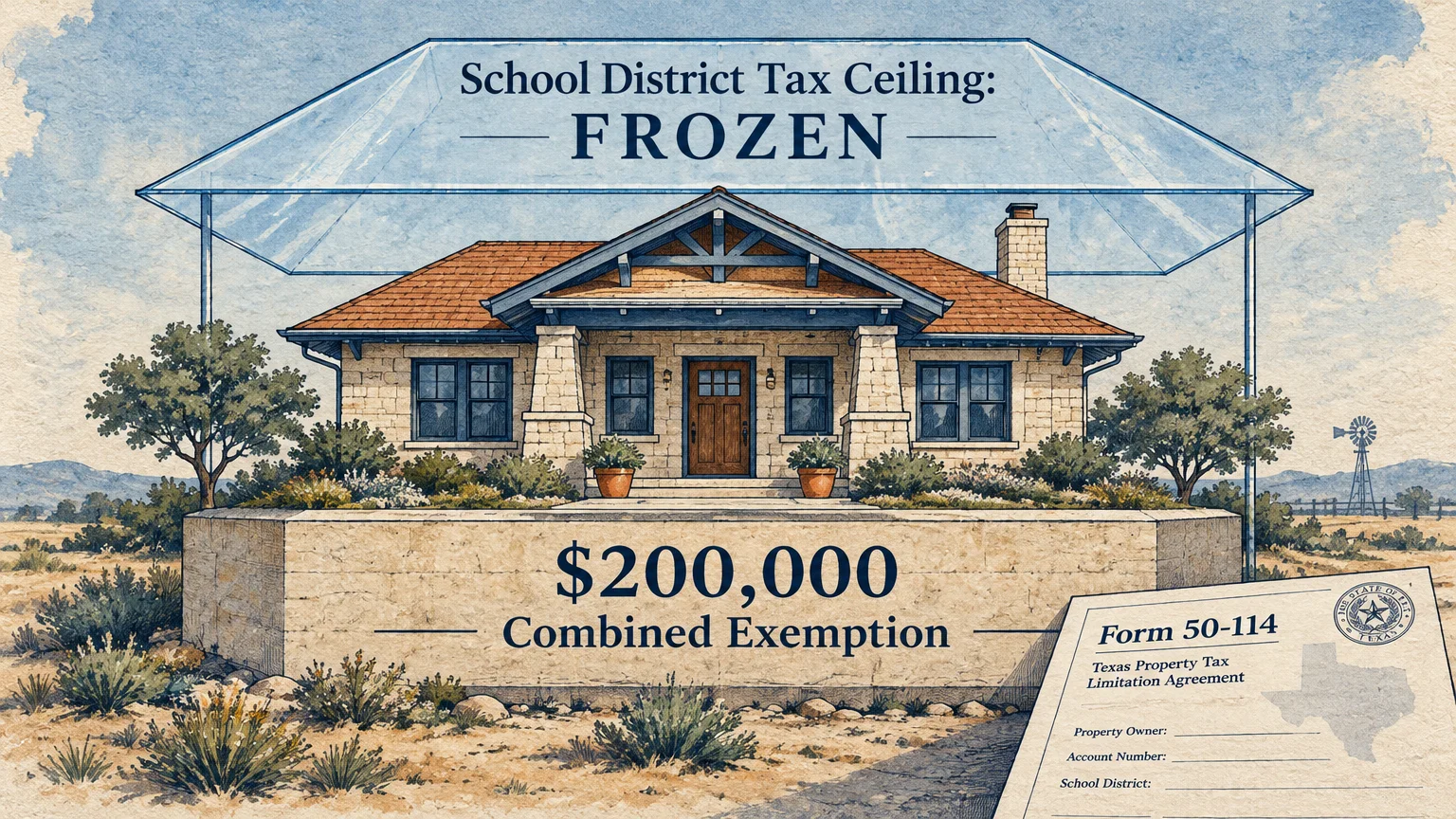 Stone house sheltered beneath a glass ceiling reading Frozen, with a Texas property tax form and combined exemption label.
