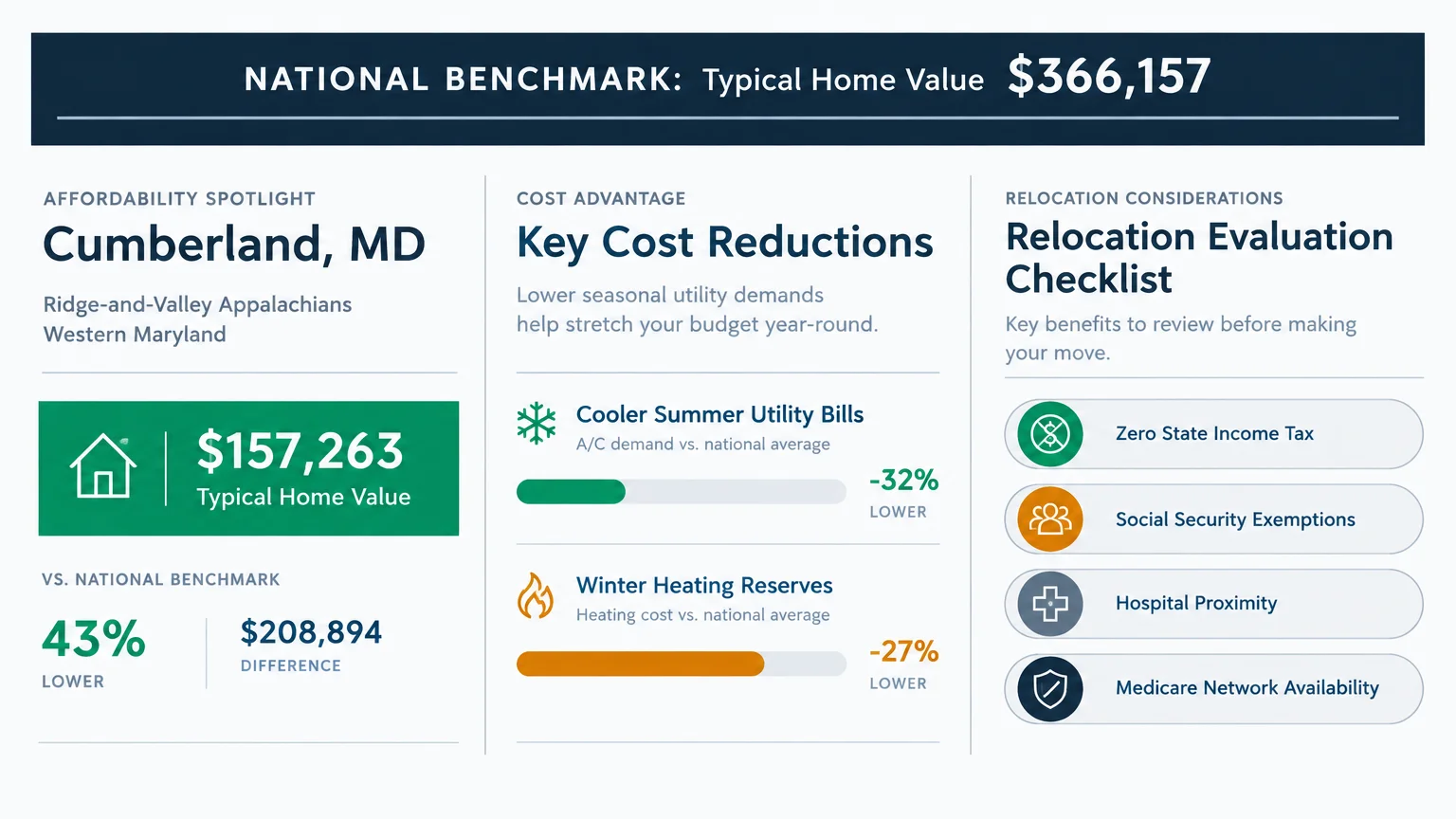Infographic detailing Cumberland, MD home values, utility reductions, and a relocation checklist against a national benchmark.