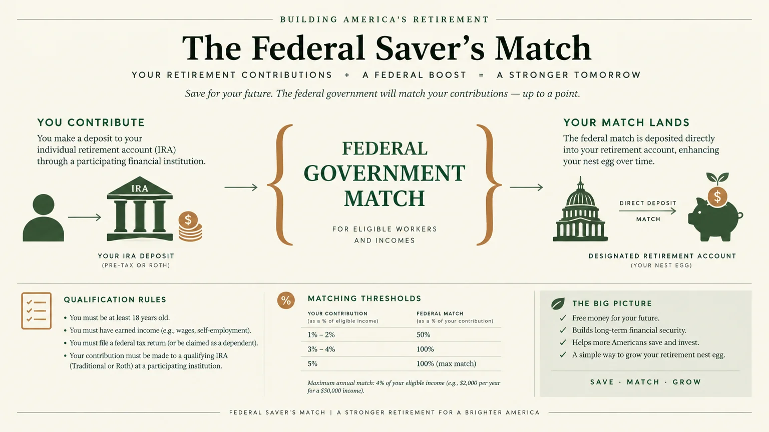 Infographic detailing the Federal Saver's Match program, qualification rules, and matching deposit flowchart.