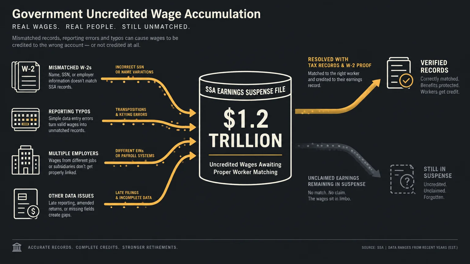 Diagram showing wage errors flowing into an Earnings Suspense File holding $1.2 trillion, splitting into verified or limbo.