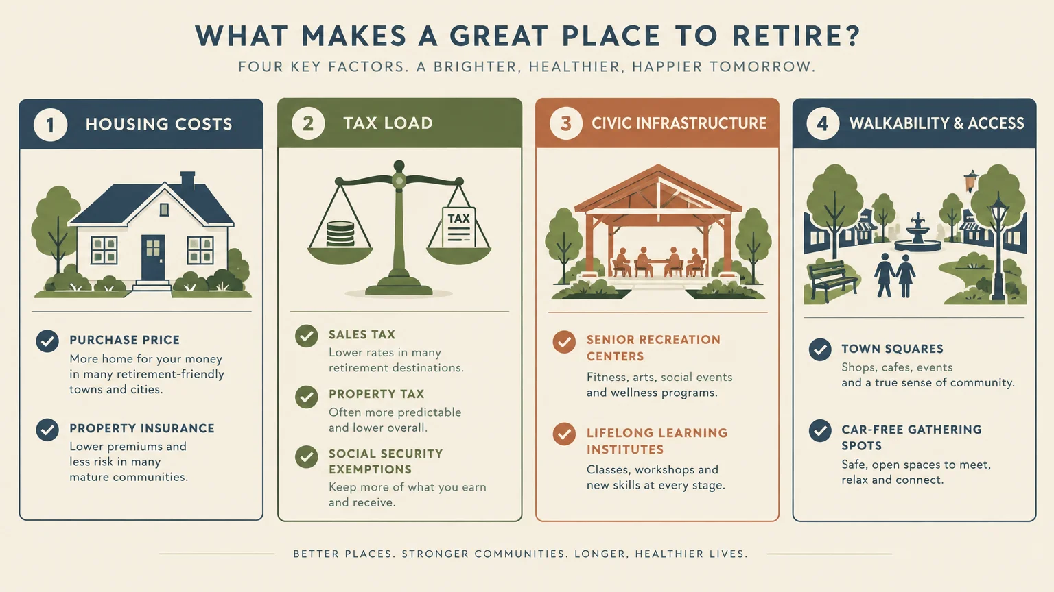 Four-panel infographic outlining key retirement factors: housing costs, tax load, civic infrastructure, and walkability.