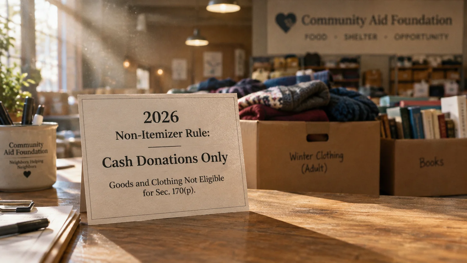 A sign explaining the 2026 cash donations rule sits on a wooden counter before boxes of donated clothing and books.