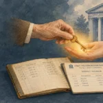 An older hand passes a glowing key to a younger hand above open bank passbooks and a neoclassical bank building.