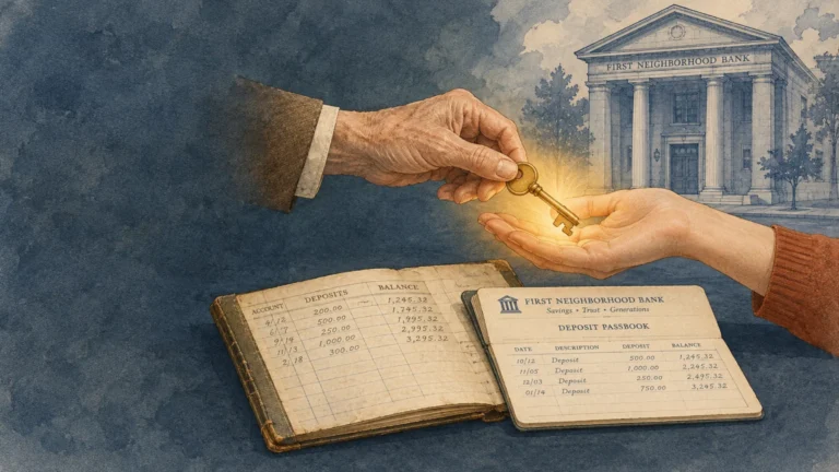 An older hand passes a glowing key to a younger hand above open bank passbooks and a neoclassical bank building.