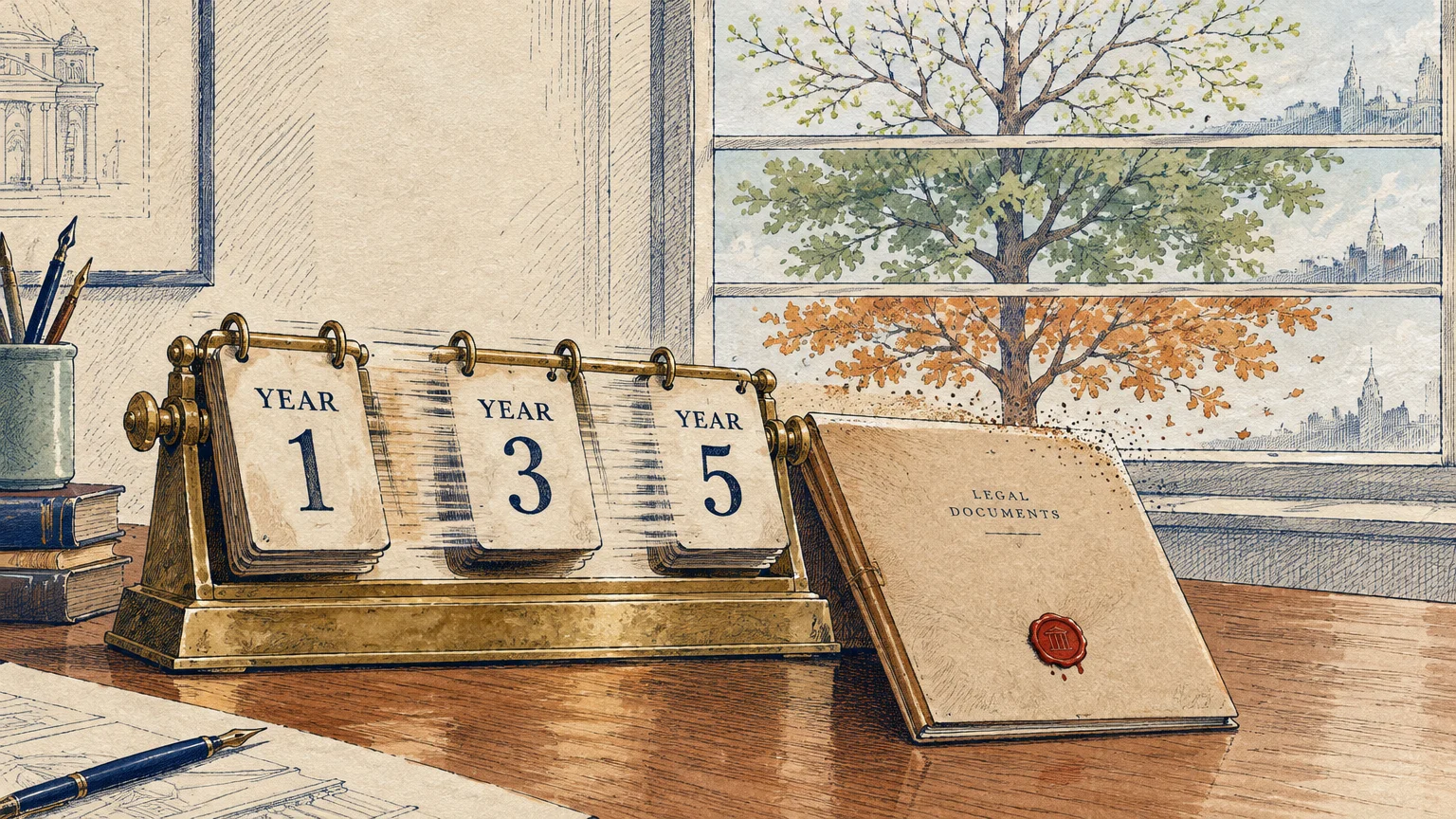 Flip calendar showing years 1, 3, and 5 next to a sealed legal documents binder by a window.