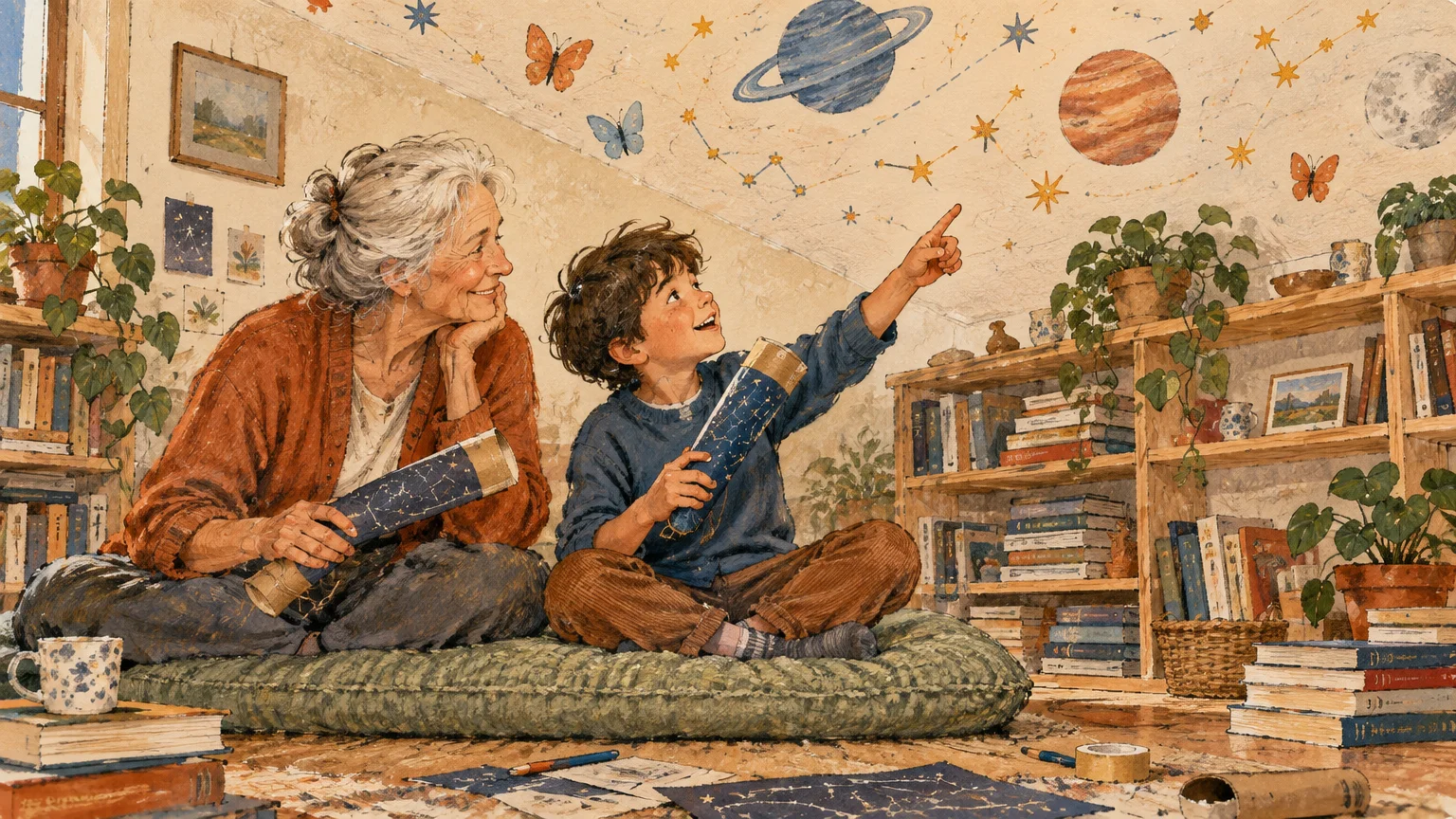 Illustration of a grandmother and young boy sitting on floor cushions looking up at painted planets and stars on a ceiling.