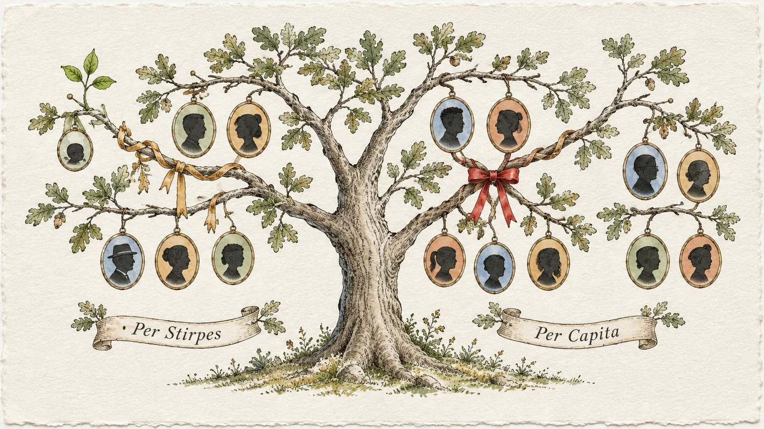 Illustrated family tree with cameo silhouettes hanging from branches above banners reading Per Stirpes and Per Capita.