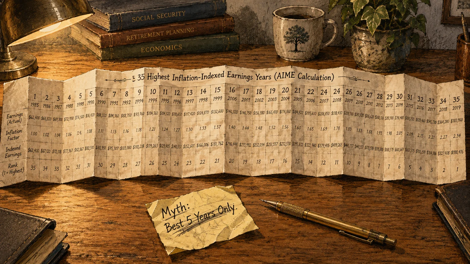 Folded ledger sheet on a wooden desk showing 35 indexed earning years, beside a note reading "Myth: Best 5 Years Only.