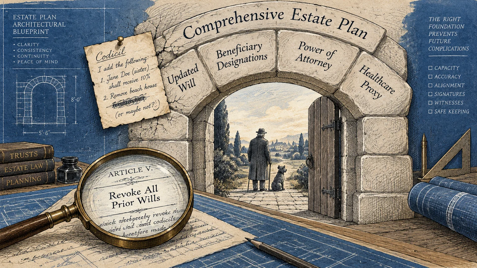 Illustration of an estate plan stone archway opening to a path, with blueprints, a codicil note, and magnifying glass.