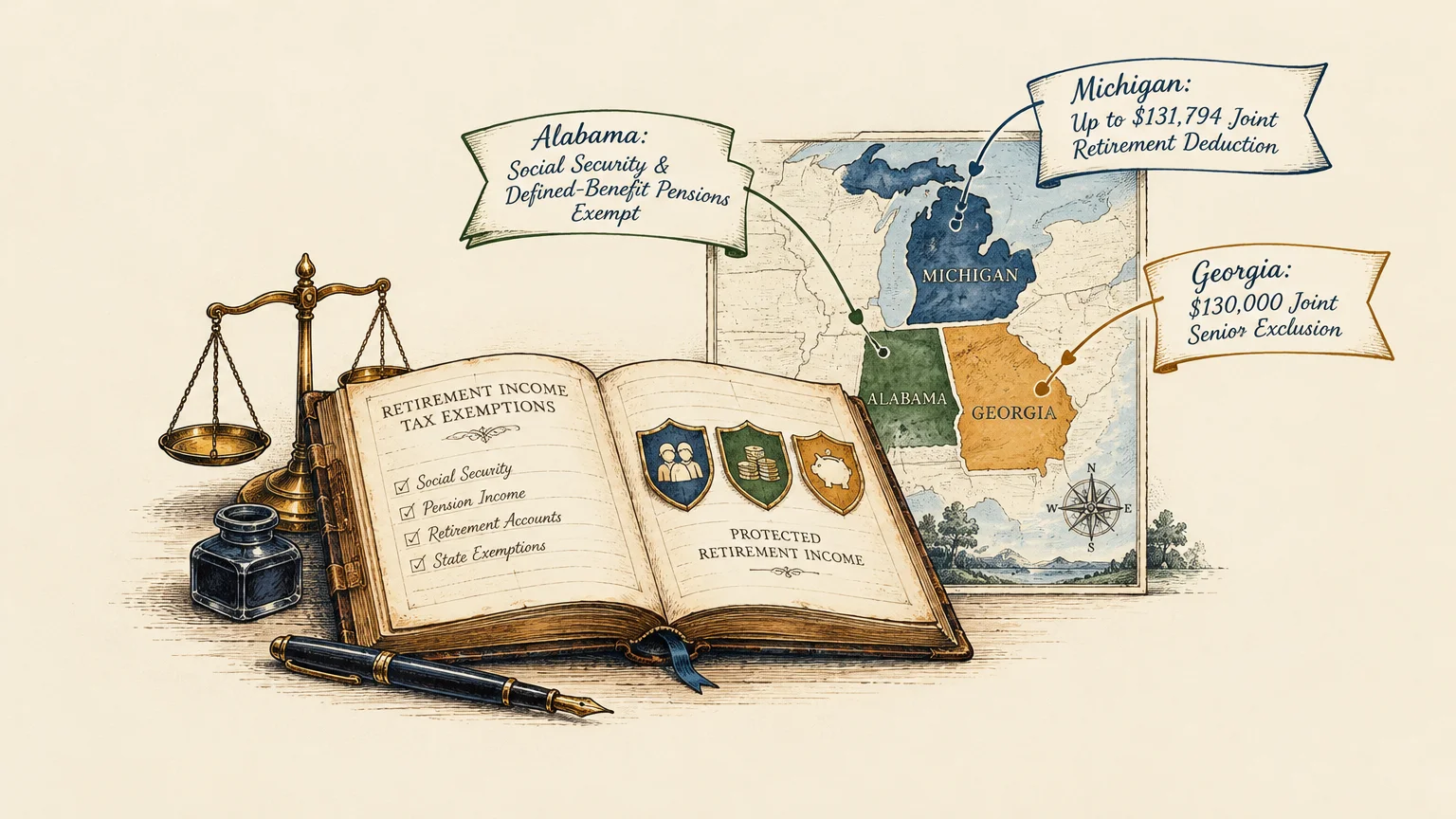 Open book on retirement tax exemptions beside a scale of justice, fountain pen, and map highlighting three states.