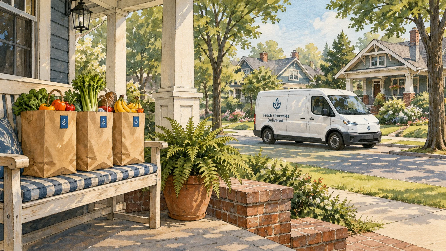 Illustration of grocery bags on a front porch bench with a delivery van driving away down a suburban street.