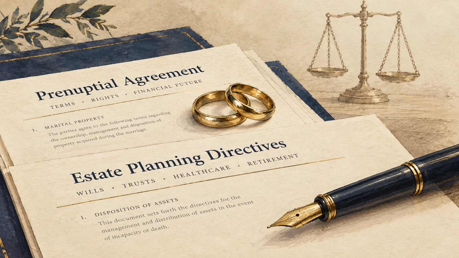 Illustration of prenuptial agreement and estate planning documents with two gold wedding rings, a fountain pen, and scales.