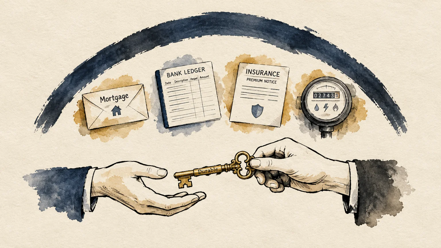 Illustration of hands passing a key labeled Durable beneath icons for mortgage, bank ledger, insurance, and utilities.