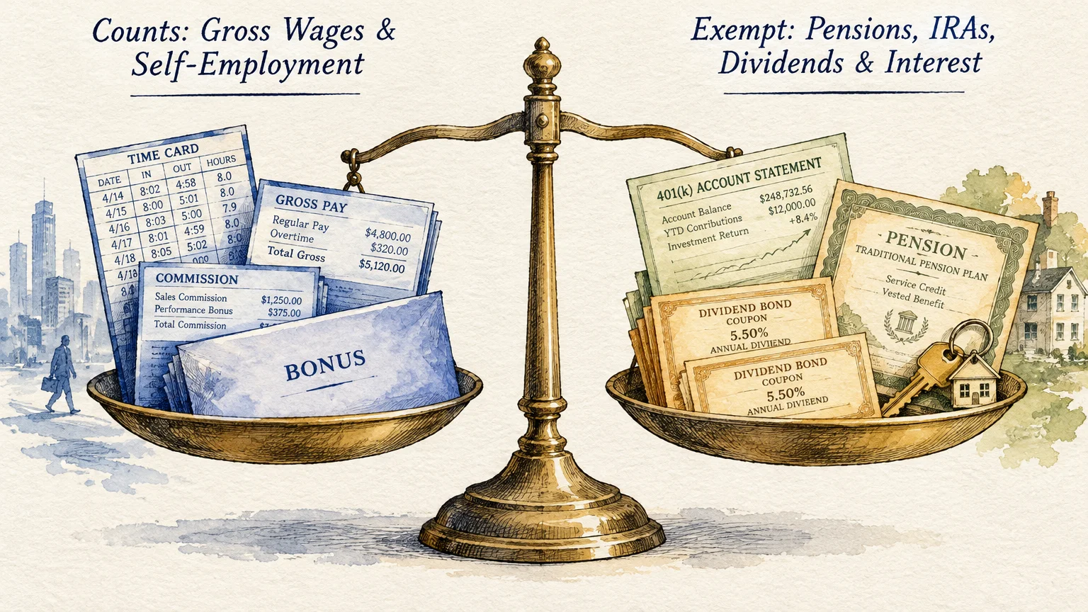 Brass scale balancing pay stubs and commission receipts on the left against retirement accounts and dividend bonds on the right.