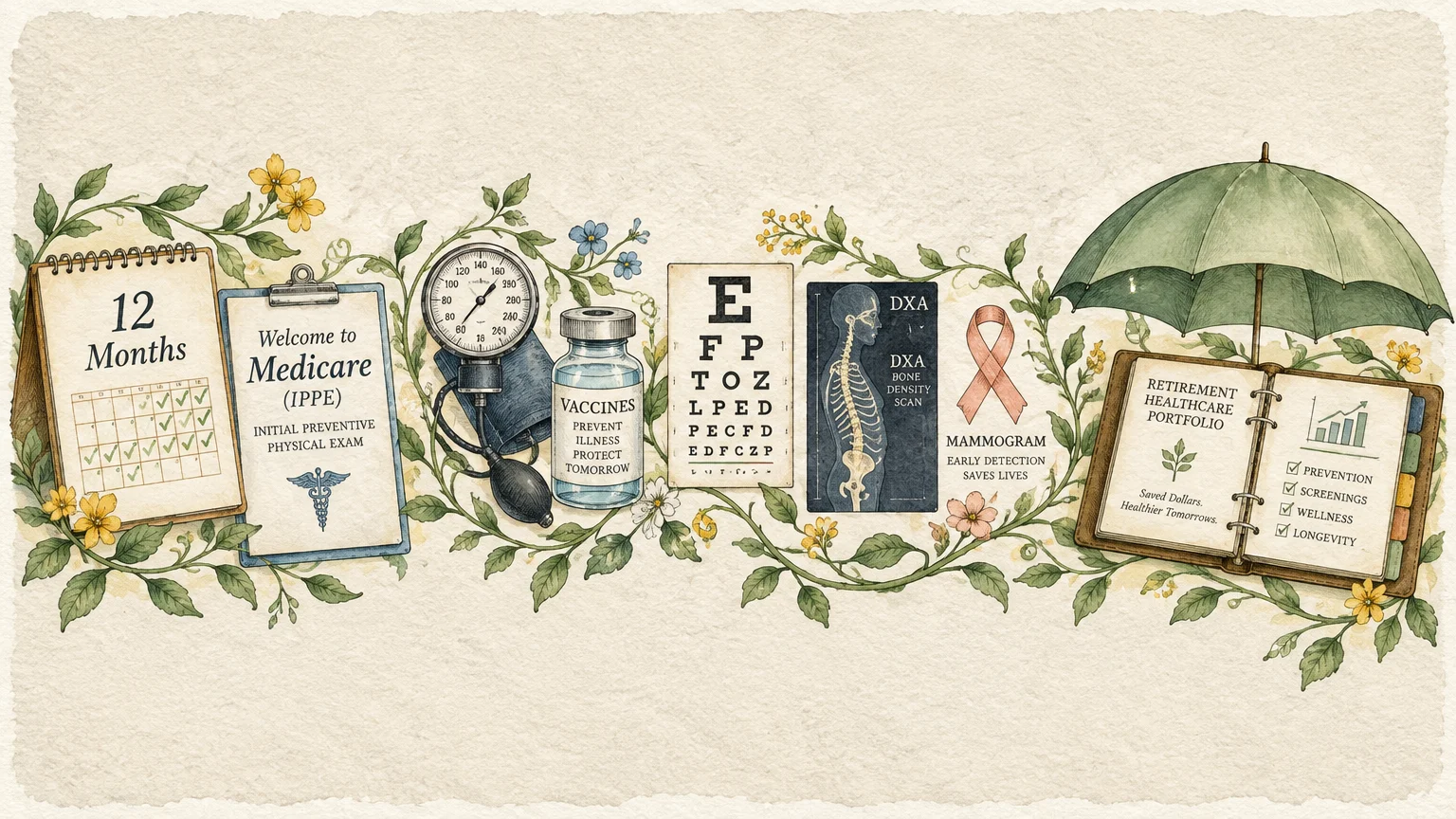 Botanical illustration of medical checkup tools, calendar, vaccine vial, eye chart, and open notebook under an umbrella.