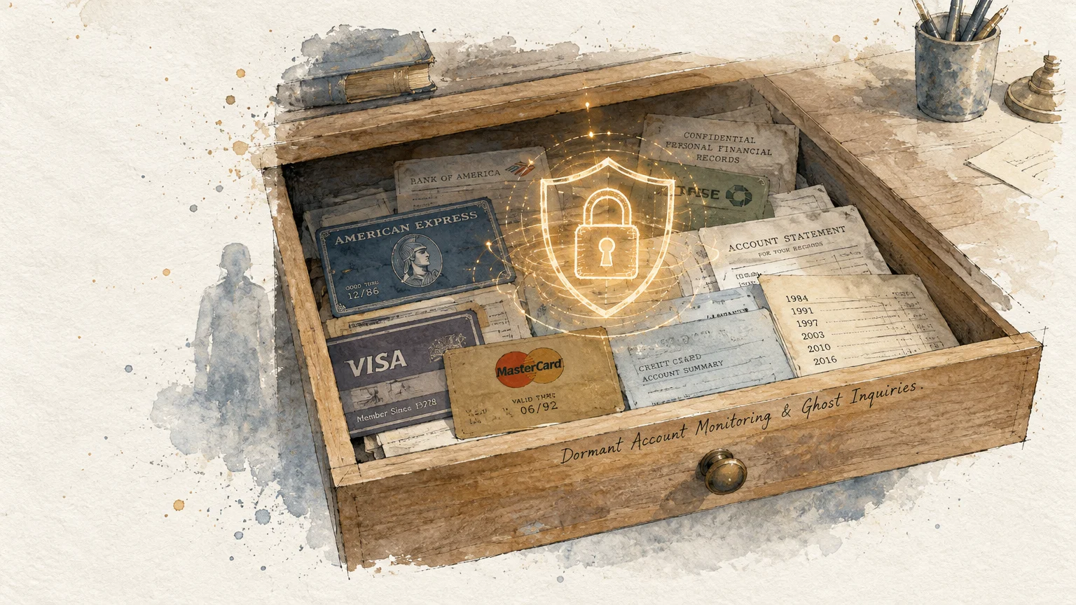 Illustration of an open wooden drawer filled with vintage credit cards and papers under a glowing digital padlock shield.