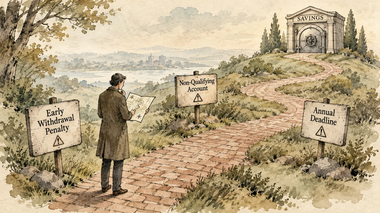 Man holding a map on a brick path with warning signs leading to a hilltop vault labeled Savings.