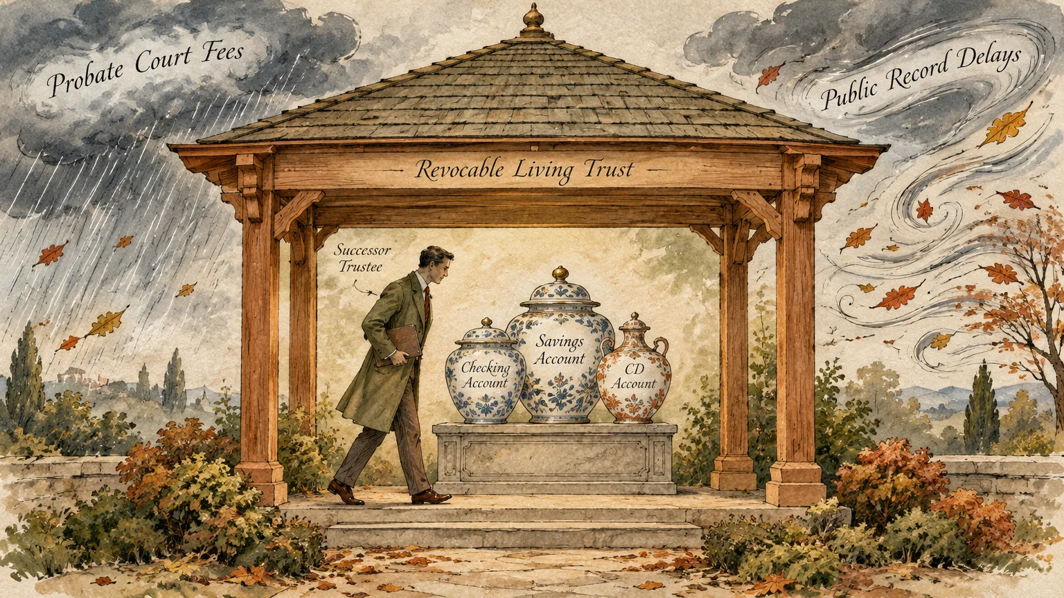 Illustration of a man labeled successor trustee walking toward bank account urns sheltered inside a wooden gazebo.