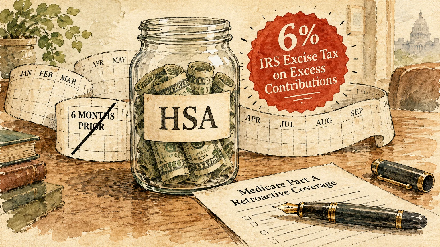 Illustration of an HSA glass jar filled with cash beside a Medicare Part A form and a 6% excise tax seal.